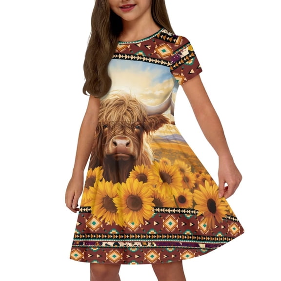 Uourmeti Highland Cow Sunflower Girls Short Sleeve Swing Dress Summer Casual Crew Neck Midi Southwest Africa Aztec Wedding Party Dresses Casual Sundress with Pockets