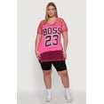 thumbnail image 3 of Womens Plus Size Fishnet Boss 23 Rhinestone Graphic Top with Varsity Stripe Details, 3 of 5