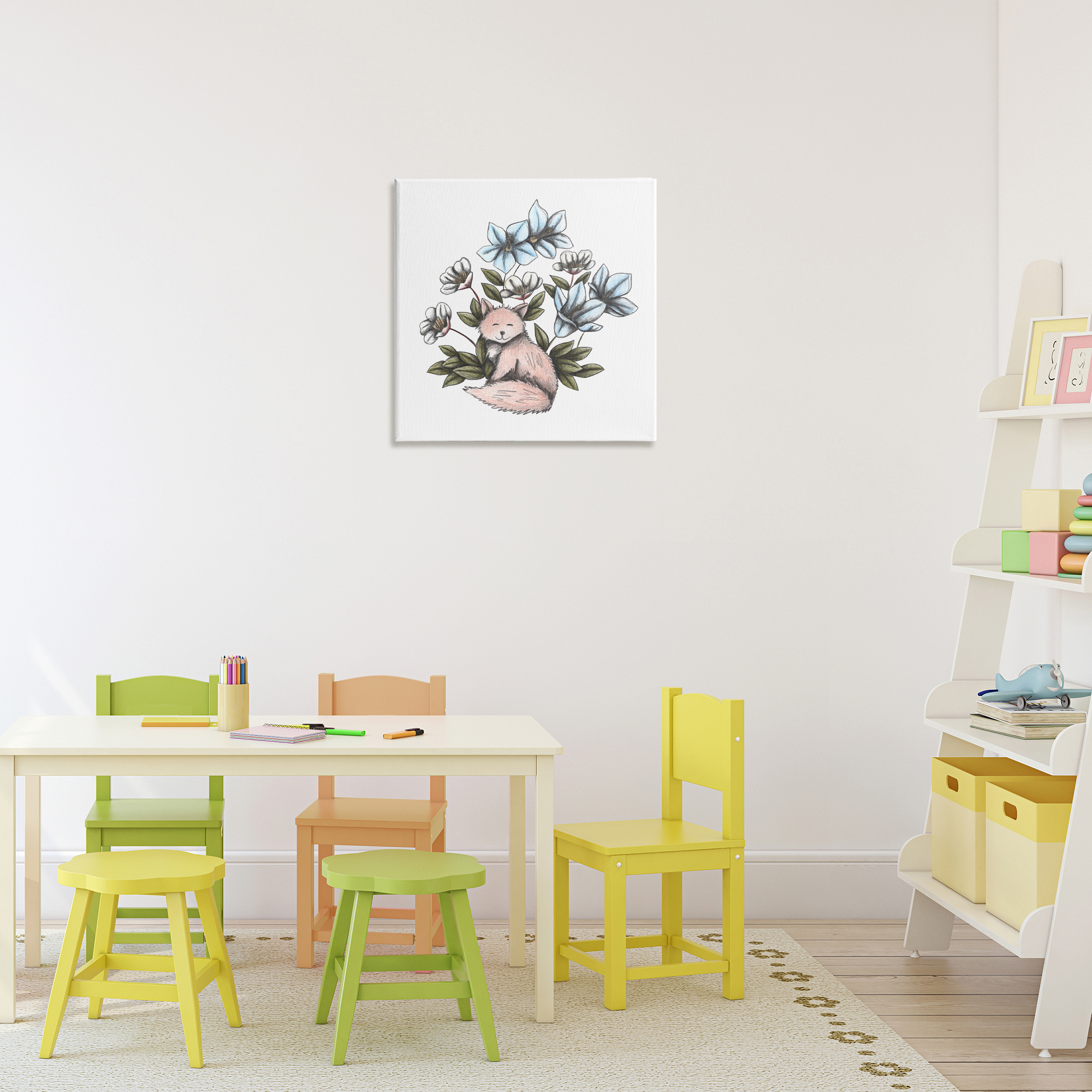 Gentle Fox with Flowers Canvas Wall Art, design by Cecilia Battaini
