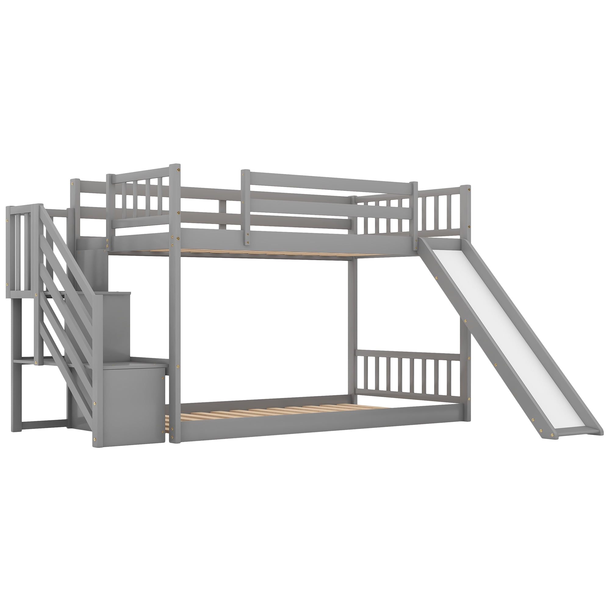 EUROCO Modern Wood Twin over Twin Bunk Bed with Slide and Staircase, Low Profile Bunk Bed with Storage for Kids Teens,Gray