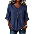 thumbnail image 2 of Hfnxid 3/4 Sleeve T Shirts for Women Loose Fit Striped Ruffle Shirt Button Up V Neck Blouses Dressy Casual Fall Clothes Blue M, 2 of 6