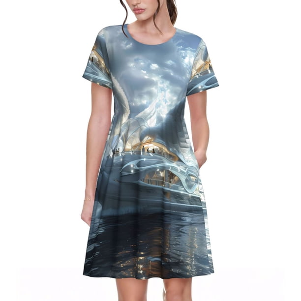 Easygdp Fantasy Swan Yacht Design para Vestido Transpirable de Mujer, Vestido Suelto de Manga Corta con Pliegues y Bolsillos para el Verano