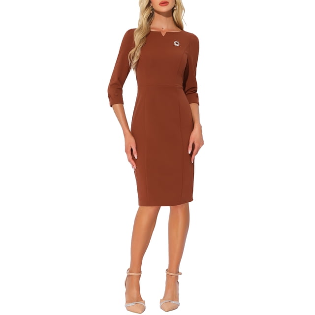 INSPIRE CHIC Robe Vintage pour Femme Manches 3/4 Robe Fourreau pour le Travail L Caramel Foncé