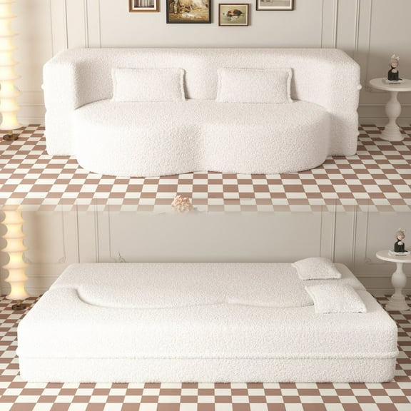 Memory Foam Couch, 15" Full Size Modern Floor Couch, Folding Sofa Bed with 2 Pillows, Convertible Teddy Fabric Futon Loveseat Couch for Living Room, Guest Use, Office, Apartment, Beige