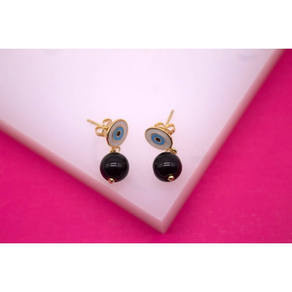 18K Gold Filled Blue Evil Eye Studs With Dangle Black Bead
