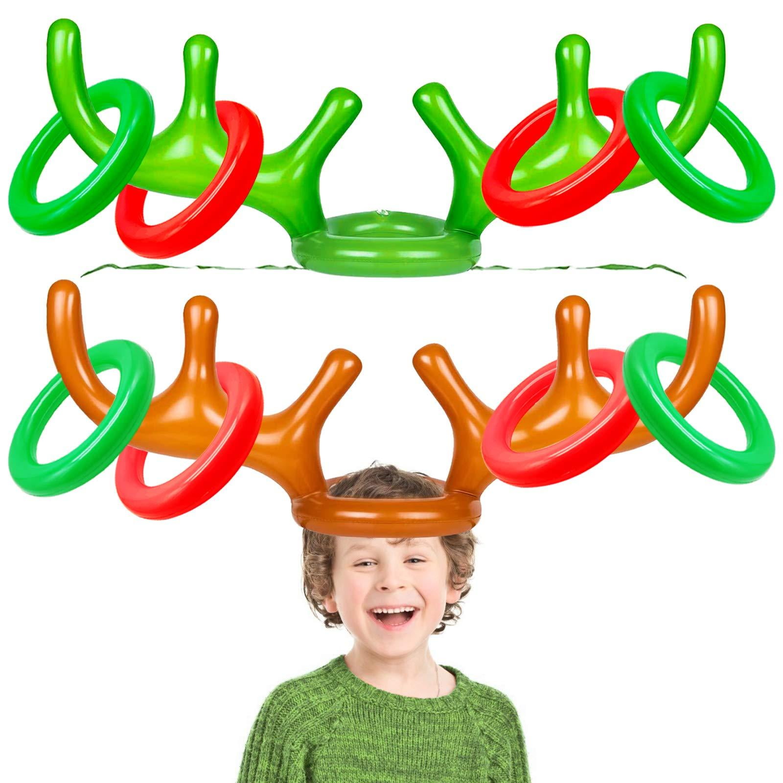 3 Pack Brown Inflatable Reindeer Antler Hat with Rings; Inflatable Reindeer Antler Ring Toss Game for Family Christmas Party Games