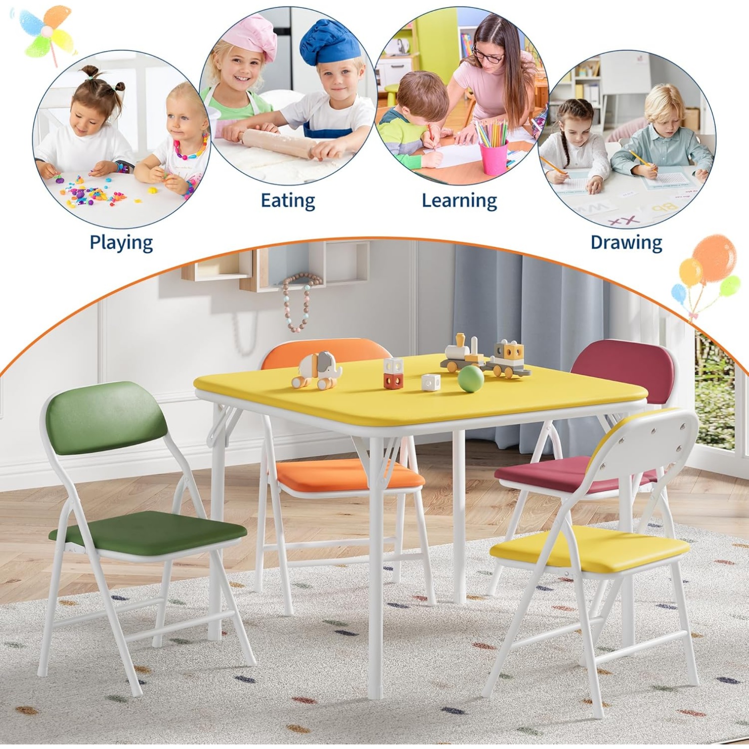 3/5 Piece Kids Folding Table and Chairs Set, Toddlers Boys Girls Games Table and Chairs Set, Activity Table and Chairs Set for Dining Room,Daycare,Classrooms