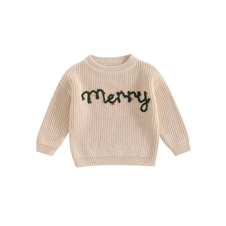 

Toddler Baby Boy Girl Christmas Sweater Cute Christmas Tree Letter Embroidery Crew Neck Pullover Warm Tops for Fall Winter