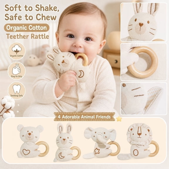Kiddiway Baby Wooden Ring Rattle Teether with Cotton - Organic Cotton Baby Toys, Plush Figurine & Cute Plushies, Natural Wood, Soothing Sensory, Easy-Grip, Car Stroller Hanging,a