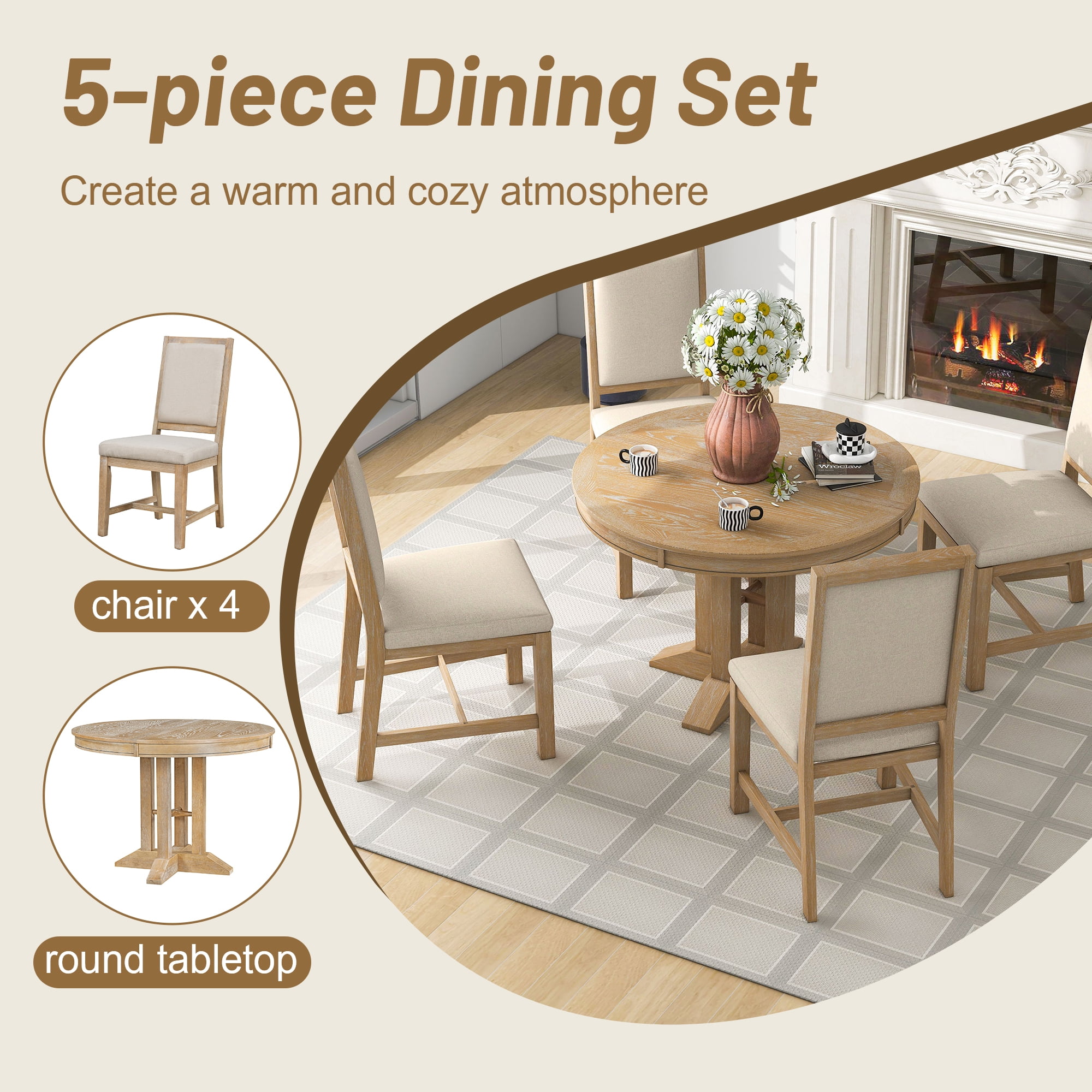 EUROCO 5-Piece Dining Table Set for 4,Round Kitchen Extendable Dining Table with 4 Dining Upholstered Chairs and Wooden Frame,Dining Room Table Set for Small Space,Living Room,Natural