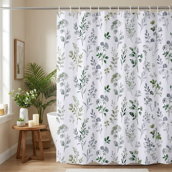Watercolor Botanical Shower Curtain 72x72 Inch, Green Leaf Floral Bathroom Curtain with 12 Hooks