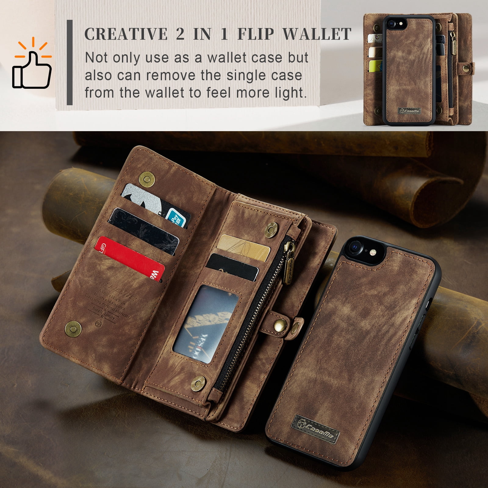 Feishell Durable 2-In-1 Magnetic Detachable Wallet Case for iPhone 7/8/SE 2020/SE 2022,for Women Men,Premium PU Leather Zipper Pocket Flip Multi Card Slots Purse Phone Case with Wrist Strap,Darkbrown