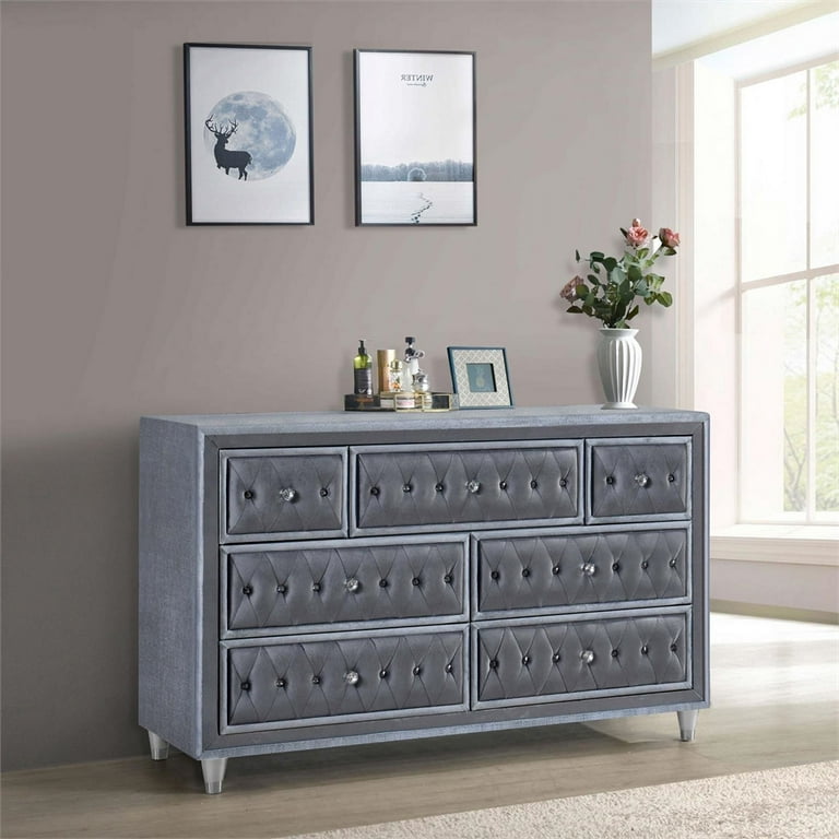 Maklaine Modern 7 drawer Velvet Upholstered Tufted Dresser in Gray
