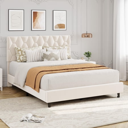 Full Platform Bed with Upholstered Tufted Headboard, Strong Wooden Slats Support, No Box Spring Needed, Noise-Free Design, Easy 15-Min Assembly, Modern Beige for Bedroom