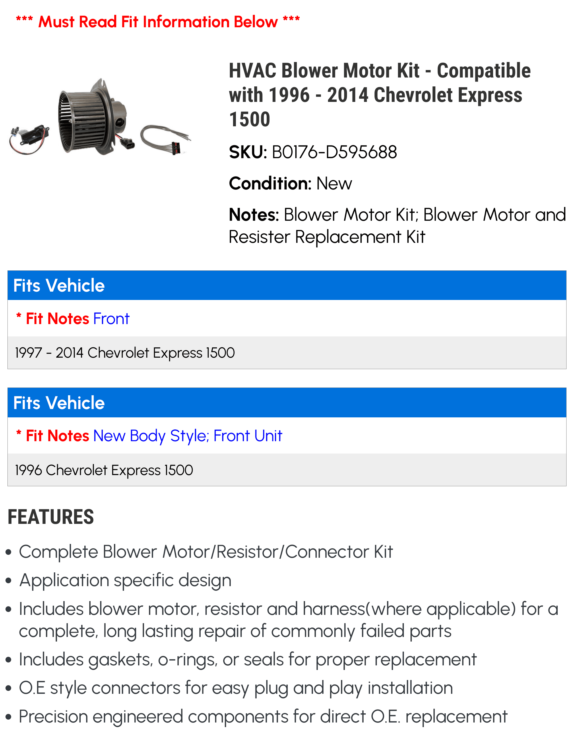 HVAC Blower Motor Kit - Compatible with 1996 - 2014 Chevy Express 1500 1997 1998 1999 2000 2001 2002 2003 2004 2005 2006 2007 2008 2009 2010 2011 2012 2013