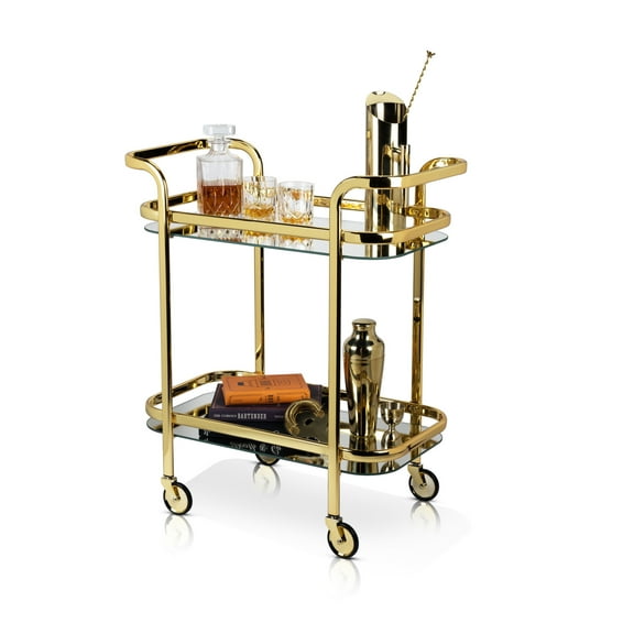 Viski Stainless Steel Bar Cart with Wheels, Mirror Shelves, Home Bar, Gold