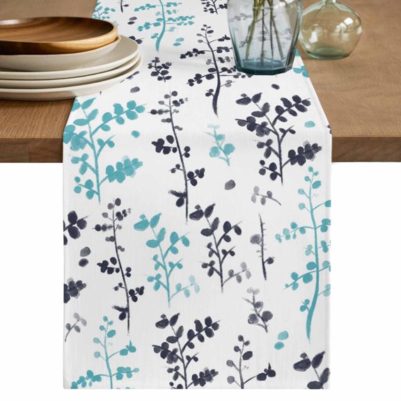 Aqua Grey Botanical Table Runner 70 Inches, Watercolor Spring Floral Summer Leaf Bed Runner Dresser Scarves Tabletop for Indoor Outdoor Parties/Ceremony/Banquet, 13" x 70"