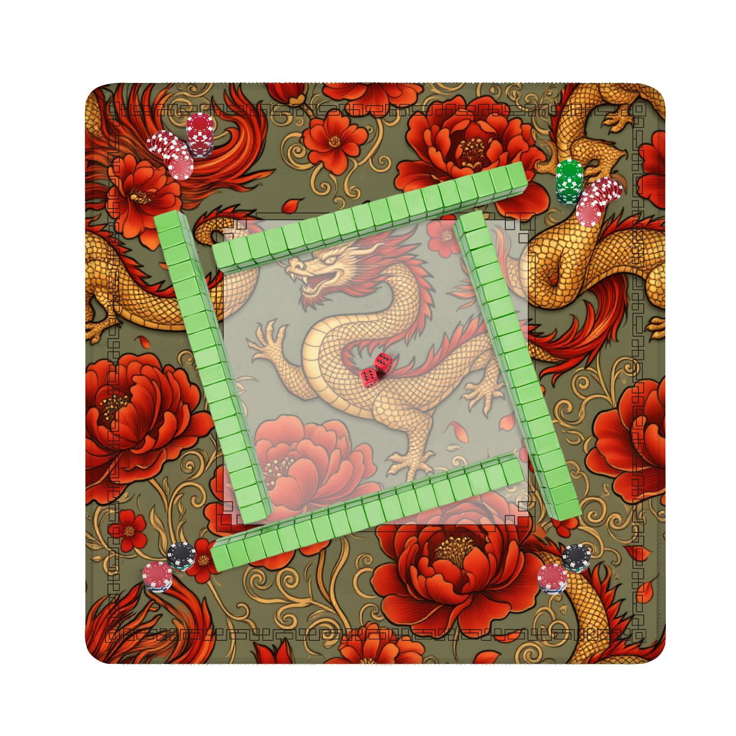 Mahjong Mat 31.5" x 31.5" Japanese style vintage seamless horned fantasy dragon chrysanthemum Non-Slip Noise Reduction American Mahjong Tiles Table Cover for Dominoes Poker Card Board Games Gift