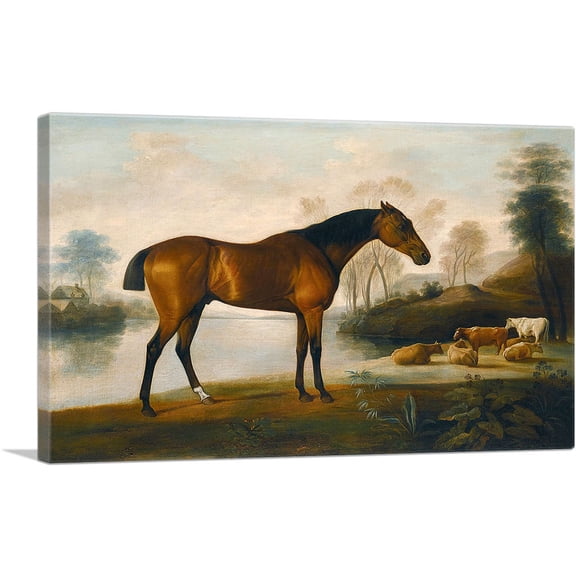 ARTCANVAS Mr Ogilvie's Bay Racehorse on a Riverbank with a Group of Cows Canvas Art Print by George Stubbs - Size: 26" x 18" (0.75" Deep)