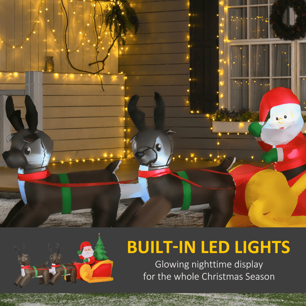 7ft Inflatable Christmas Sleigh with Santa & Reindeer - 12 LED Lights, Self-Inflating for Christmas Decor