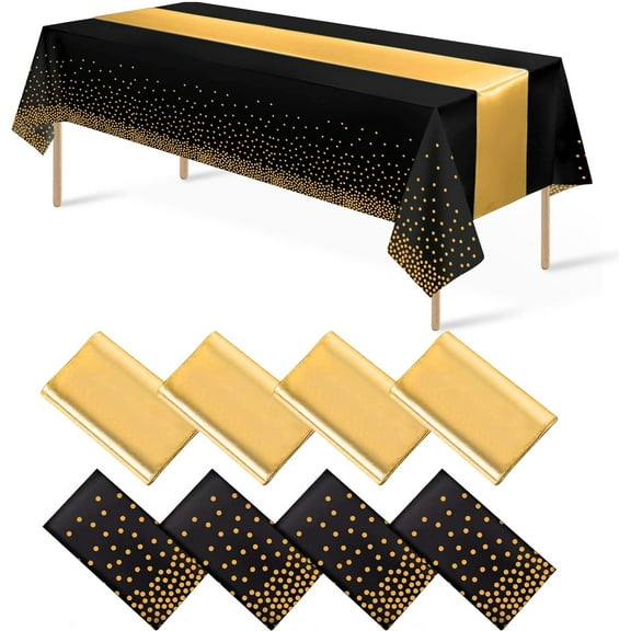 8Pack Disposable Plastic Tablecloths and Satin Table Runner Set Black Gold Dot Table Cloth Gold Satin Table Runner for Graduation Wedding Birthday Baby Shower Anniversary Holiday Party Decorations