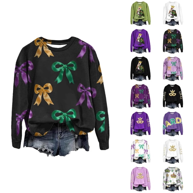 Mardi Gras 2026 Chandails en Molleton pour Femmes Tendance Manches Longues Col Rond Décontracté Carnaval Graphique Chandail en Molleton Pulls pour Femmes