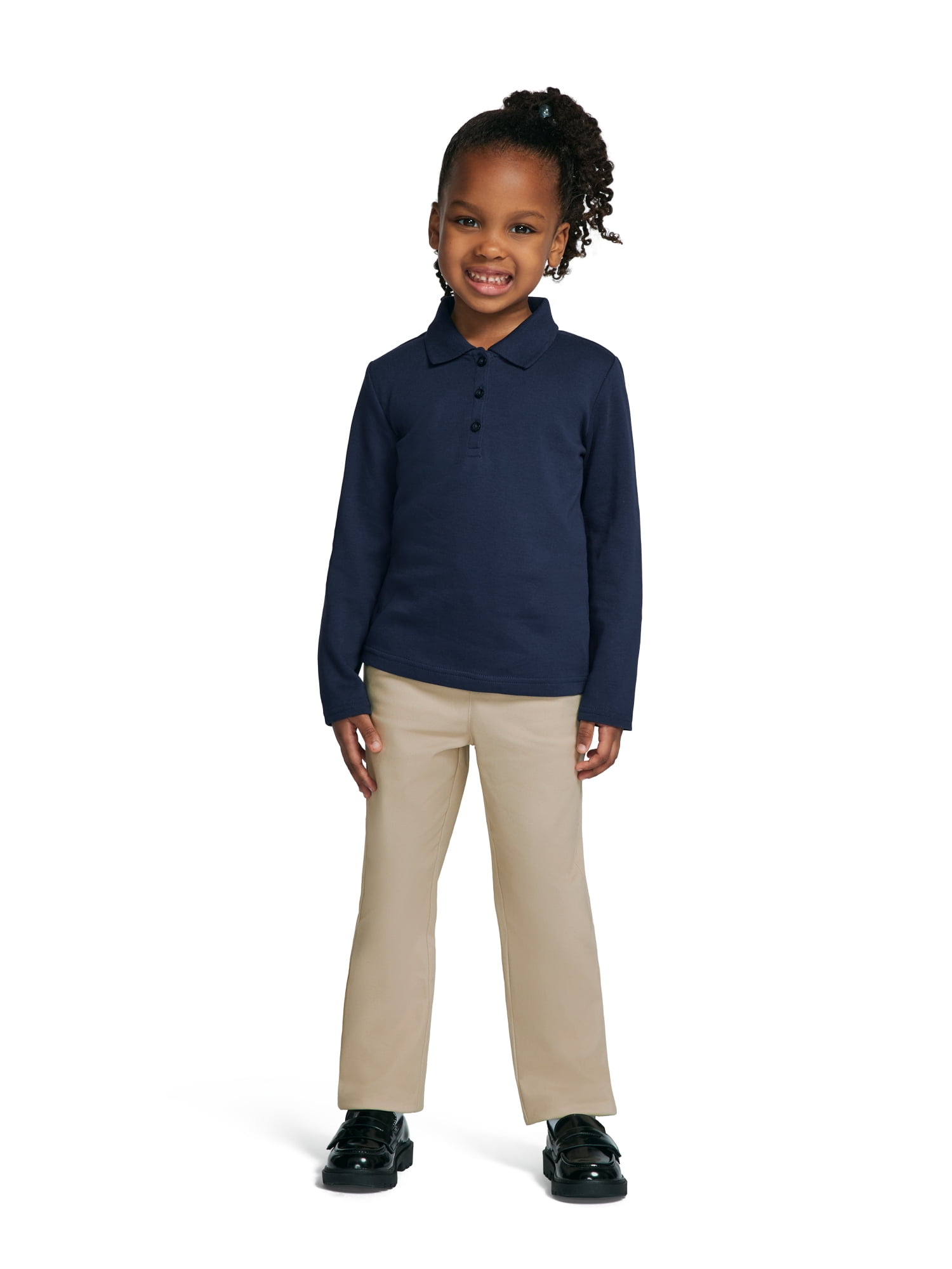 Wonder Nation Toddler Girls School Uniform Long Sleeve Interlock Polo Shirt, 2-Pack
