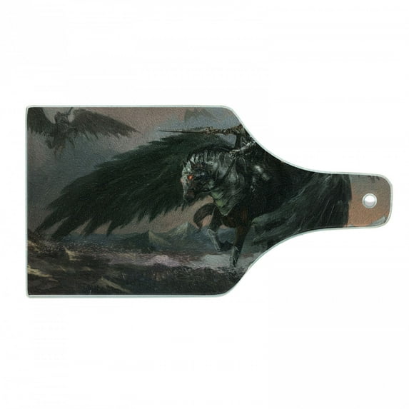 Fantasy World Cutting Board, Pegasus King Leading in the Dark Ages Imaginary Magic Story Art Print, Decorative Tempered Glass Cutting and Serving Board, Wine Bottle Shape, Black Brown, by Ambesonne