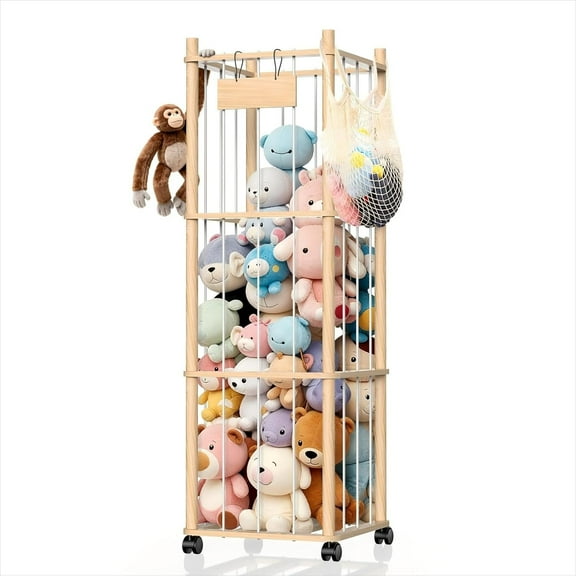 Stuffed Animal Storage & Holder, Natural Pine Wood Plushies Storage with Wheels, Large Capacity Stuffed Animal Zoo with Building Block Bag, Space Save Toy Organizer for Nursery Playroom & Bedroom