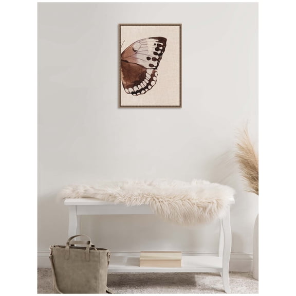 Kate and Laurel Retro Butterfly Watercolor Diptych Neutral Burlap Right Framed Canvas Wall Art by The Creative Bunch Studio 18 x 24 Sylvie Beaded Dark Gold, Traditional, Animals, Nature Art for Wall