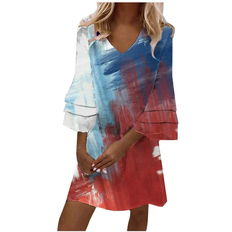 Summer Savings Clearance! Edvintorg 4Th Of July Womens Dresses Plus Size  Women's Clothes Fashion Casual V-Neck Print 3/4 Sleeve Fold Mini Dress  Festival Outfits - Walmart.com