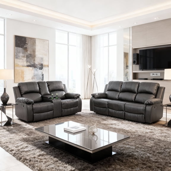 Gewnee Black 2-Piece Living Room Recliner Sofa Set,Air Leather Upholstery with Console & Cup Holders