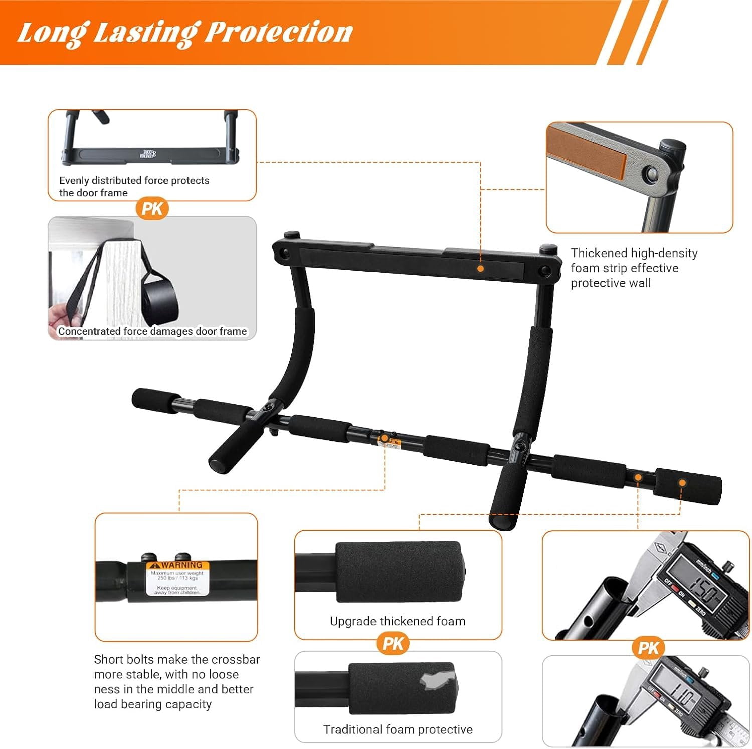Pull Up Bar for Doorway | No-Screw Chin Up Bar with Multi-Grip  Handles | Heavy-Duty  Gym Strength  Equipment | Upper  Workout Bar for Standard Door Frames