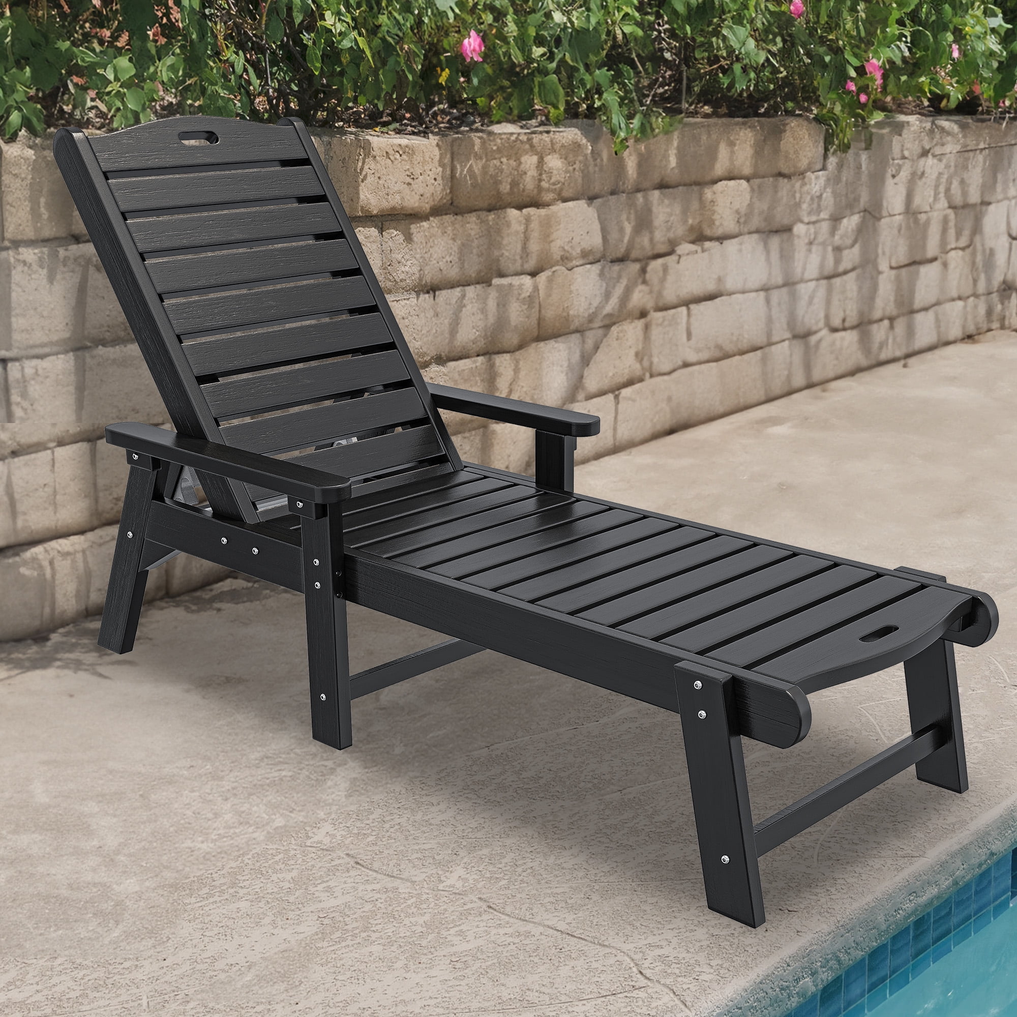 Uforic Outdoor Chaise Lounge Chair Set of 4 with Adjustable Backrest, Heavy Duty Resin Patio Lounger with Wide Armrest and 350lbs Capacity for Outside Poolside Beach Backyard, Waterproof, Black