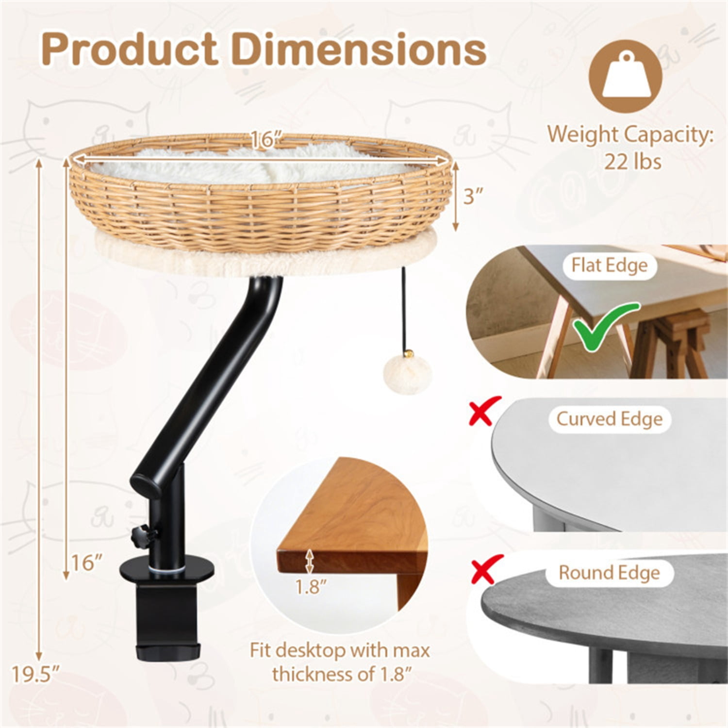 360° Rotatable Desktop Cat Bed Perch, 2-in-1 Workspace Cat Retreat with Jingling Ball (Natural + Black + White)