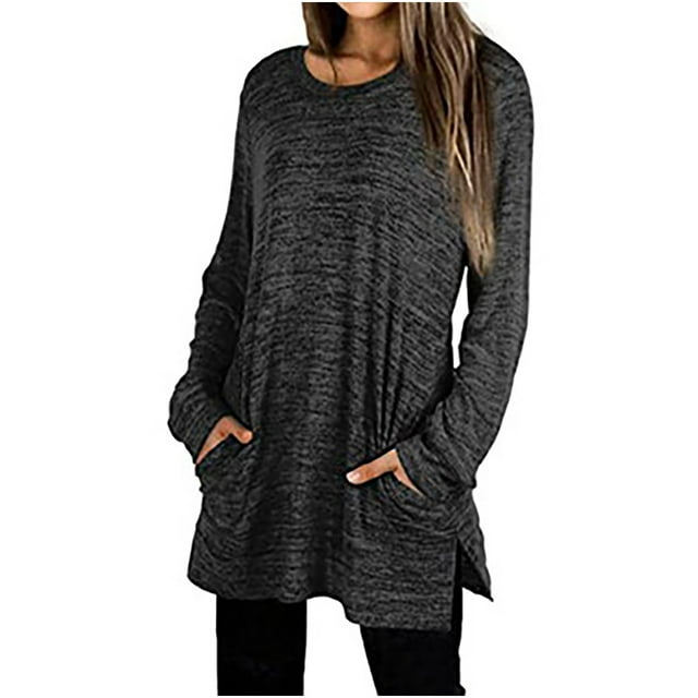 CEHVOM Femme T-Shirt à Manches Longues Col Rond Automne Blouse Unie avec Poches