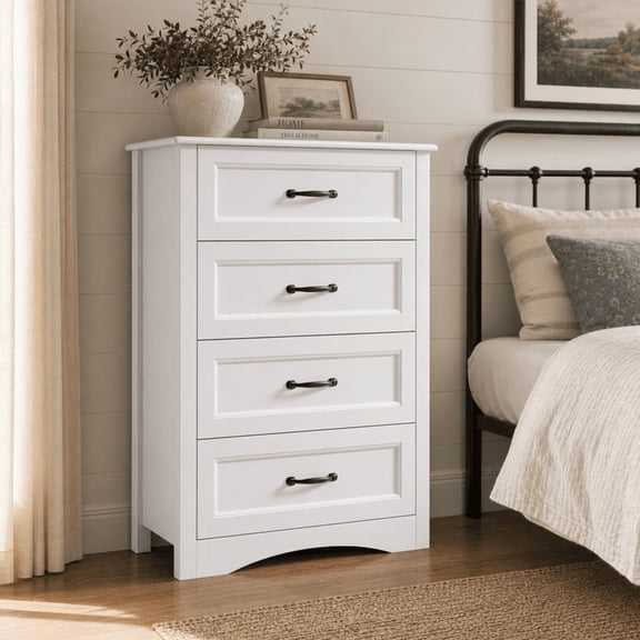 Aiho White Dresser with 4 Drawers, Vertical Storage Dresser for Bedroom, Hallway, Entryway, Closet Organizer, Nightstand Bedside Table Furniture