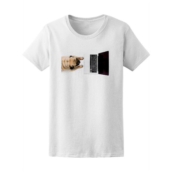 Top View Of Pug Dog With Laptop Tee Women's -Image by Shutterstock