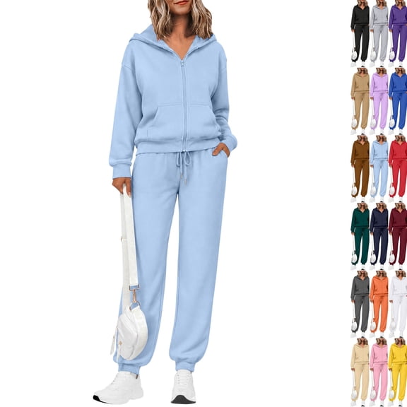 Women's 2 Piece Fall Active Sets Loose Fit Zip Front Hooded Track Top Drawstring Jogging Pants Athletic Daily Outfits Light Blue M