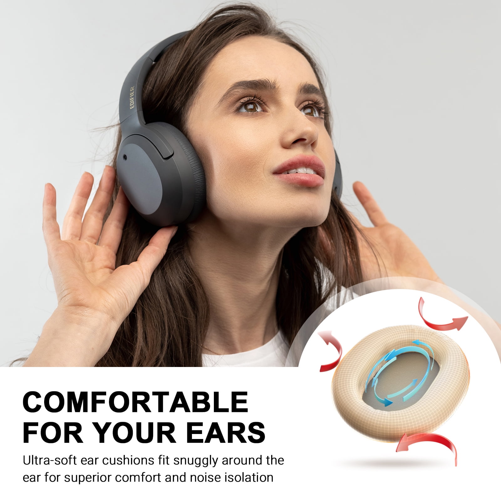 Edifier W820NB Plus Wireless Active Noise Cancelling Headphones, Holiday Gift, Grey