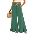 thumbnail image 3 of Women's Solid Color Ruffle Hem Wide Leg Pants - High Waisted Palazzo Trousers with Pockets, Flowy Drawstring Casual Lounge Pants Dark Green M, 3 of 7