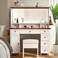thumbnail image 3 of Farmhouse Vanity Desk with Lighted Mirror, 6 Drawers & Cabinet, Glass Top, 45"W, Dark Walnut & White, 3 of 9