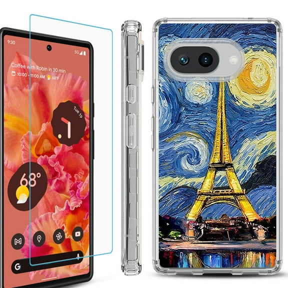 For Google Pixel 9a Phone Case Cover, Shockproof Bumper Case with Tempered Glass Screen Protector, by OneToughShield - Starry Night Eiffel