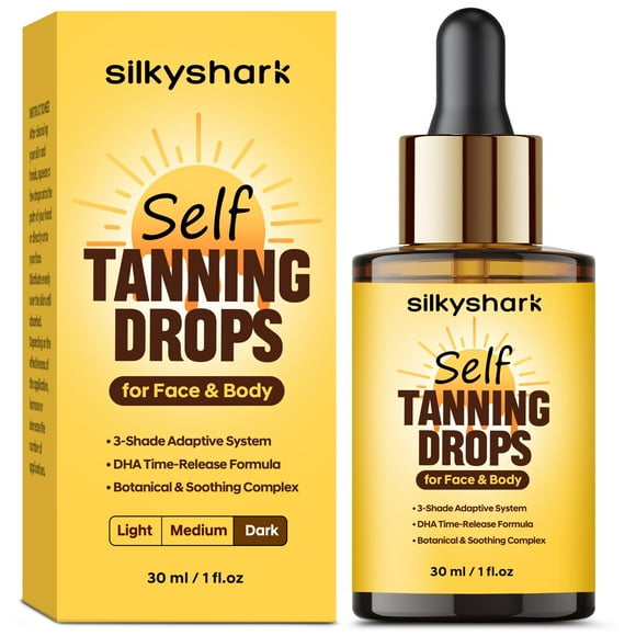SilkyShark Gotas autobronceadoras faciales (1 fl oz) Gotas bronceadoras para rostro y cuerpo Efecto bronceador gradual Bronceador ligero para pieles sensibles Brillo natural besado por el sol Tono osc