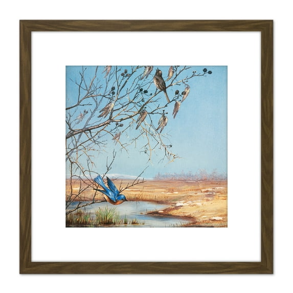 Bridges March Birds Landscape Painting 8X8 Inch Square Wooden Framed Wall Art Print Picture with Mount