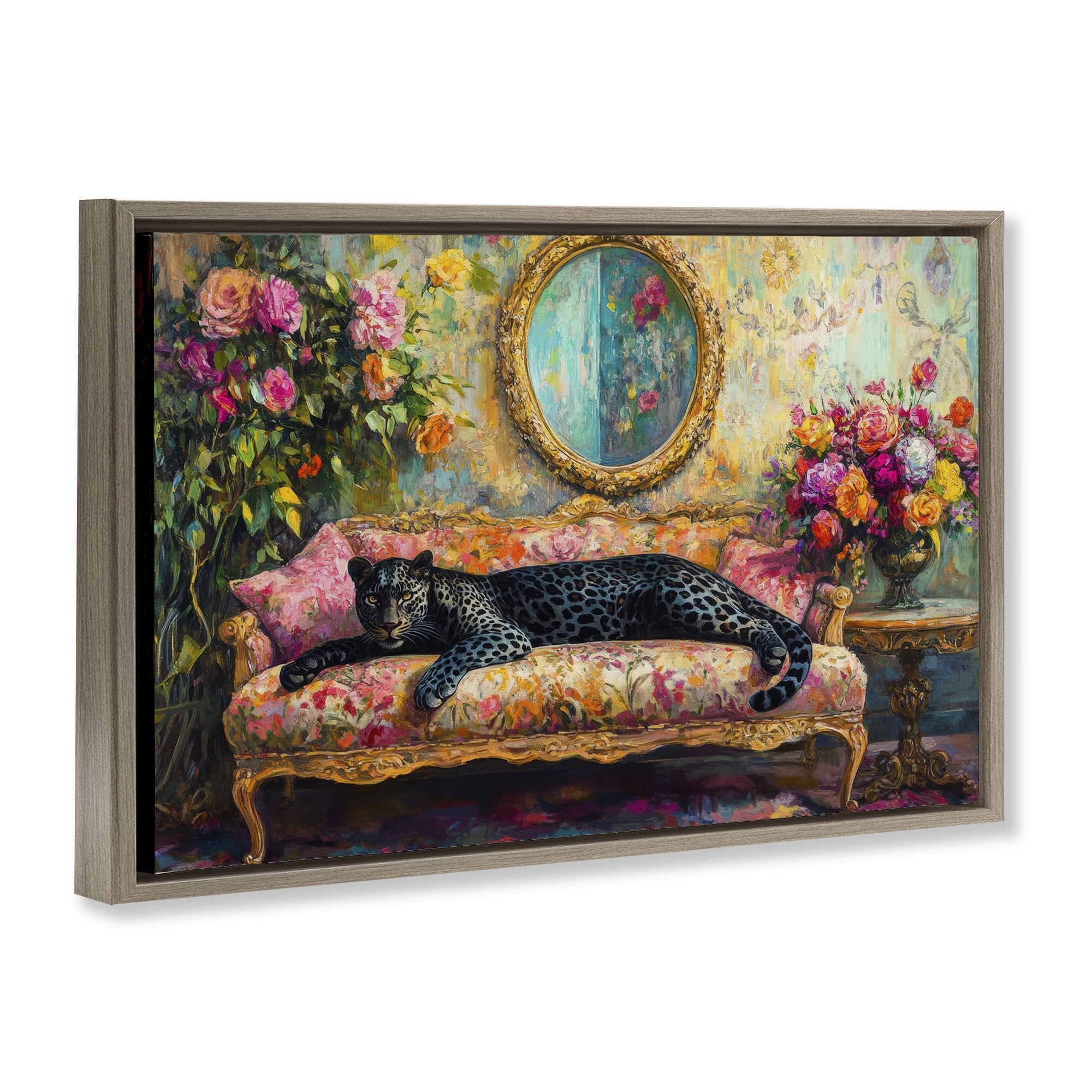 Stupell Industries Lounging Leopard on Floral Sofa Brown Framed Floater Canvas Wall Art, design by Petal Prints Design