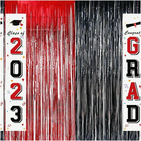 2023 Graduation Fiesta: Red & Black Party Pack - Congrats Grad Porch Sign, Curtains & Decorations. Celebrate Cl of 2023 in Style!