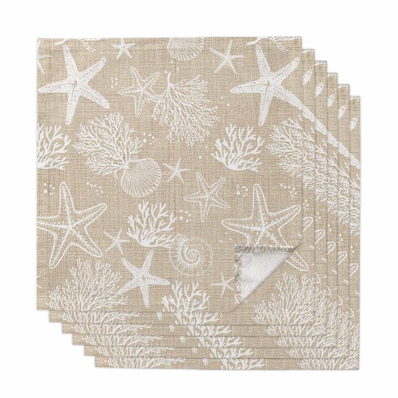 Rustic Coastal Cloth Napkins, Sea Nautical Summer Beach Starfish Coral Washable and Reusable Dinner Napkins Set of 6, Table Napkin for Kitchen Party Birthday Wedding Hotel Housewarming 20"x20"