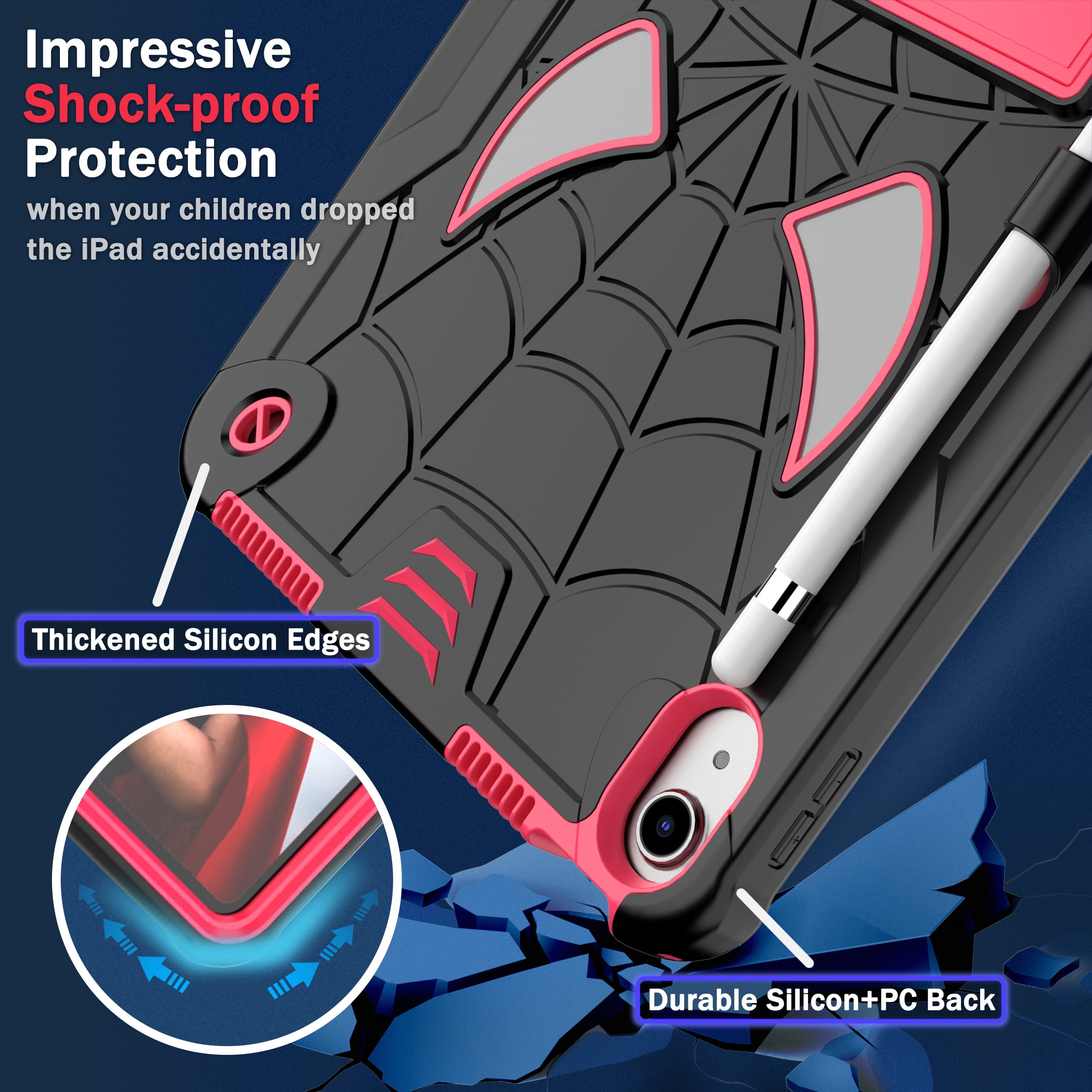 ELEHOLD Kids Case for iPad 10th Generation 10.9" 2022, Heavy Duty Rugged Cover with Foldable Kickstand  Crossbody Shoulder Strap Pencil Holder Shockproof Case for iPad 10.9" Case,Black+Rose