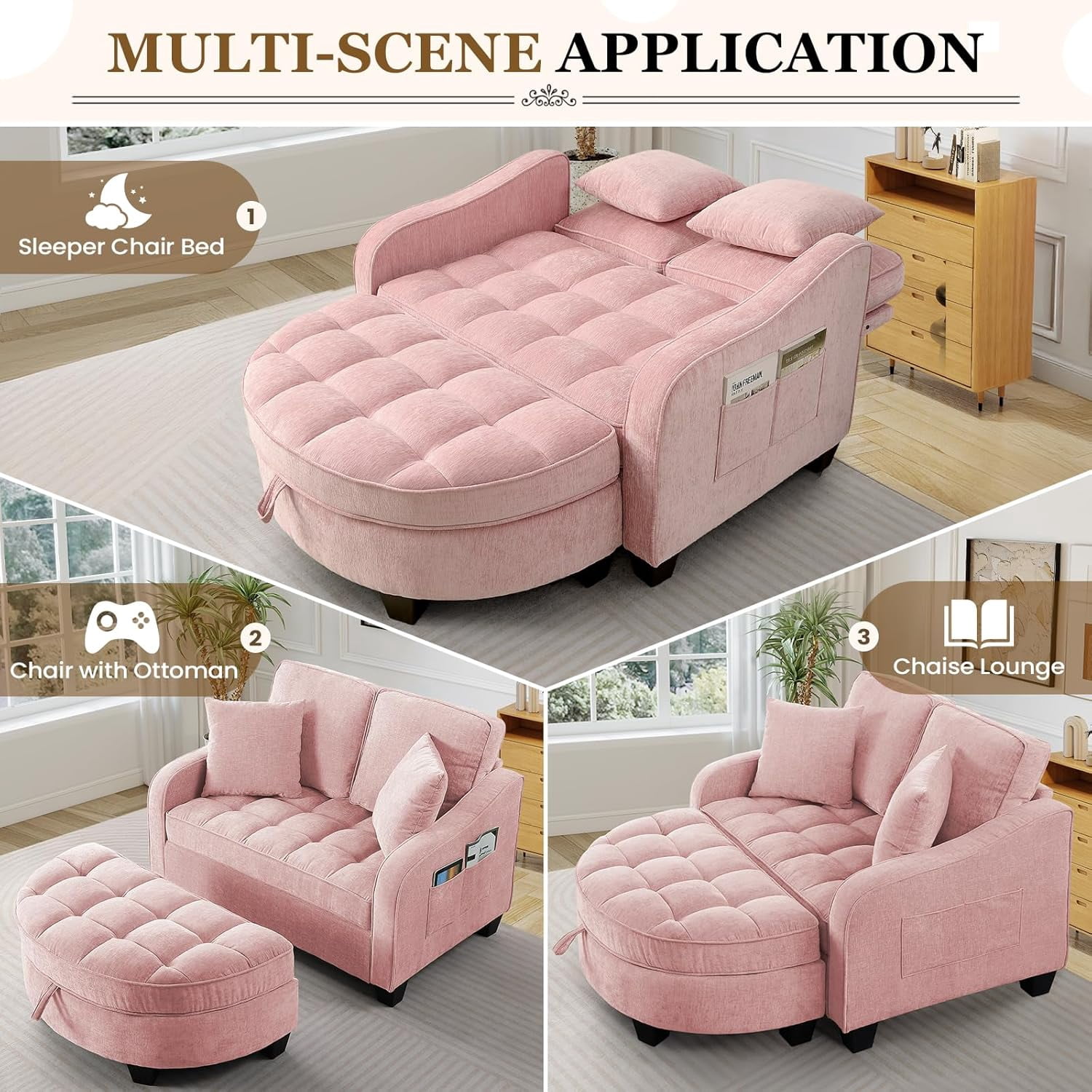 MOONMISS Oversized Chair and A Half, Chenille Tufting Accent Cozy Reading Sofa Chair with Storage Ottoman, Upholstered Loveseat Chaise Lounge Sofa with Adjustable Back for Living Room,Pink